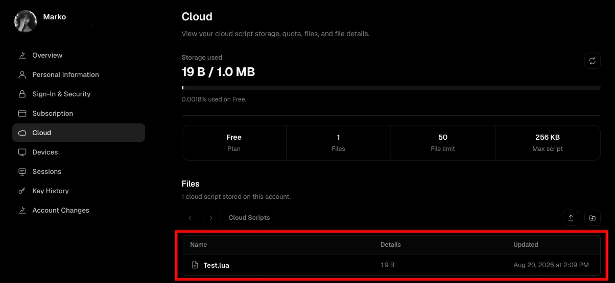 Dashboard Cloud section with the script list highlighted