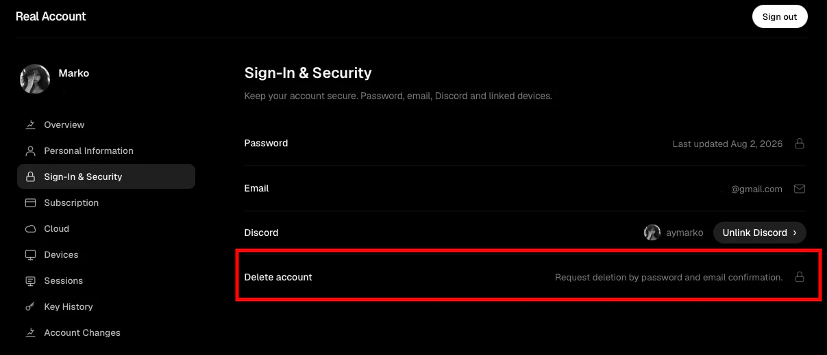 تبويب Dashboard Sign-In & Security مع تمييز صف Delete account.