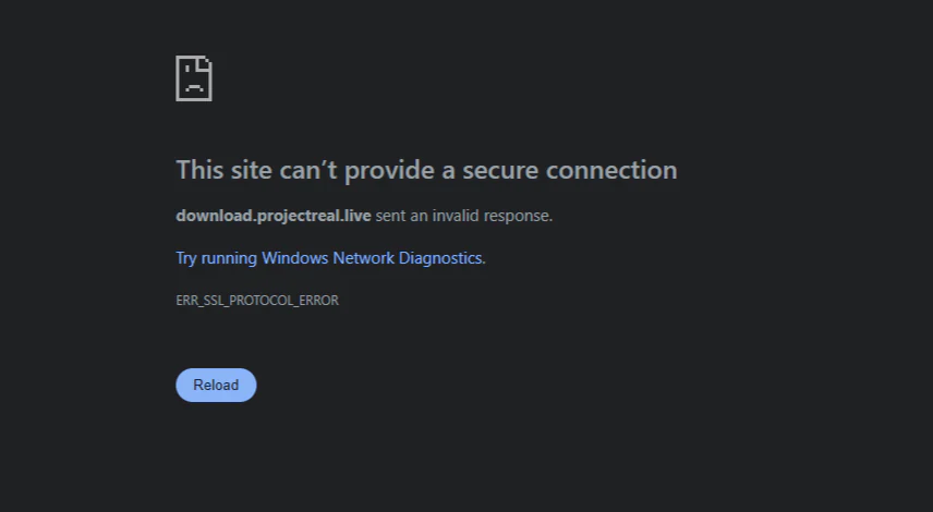 Navigateur affichant ERR_SSL_PROTOCOL_ERROR sur l’hôte de téléchargement Real.