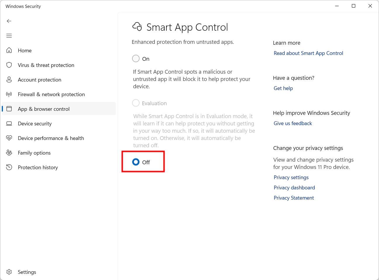 Windows Security with Smart App Control turned off