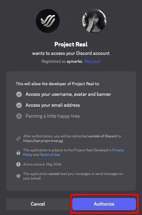 Authorize ボタンが強調表示された Project Real の Discord 認可ページ。