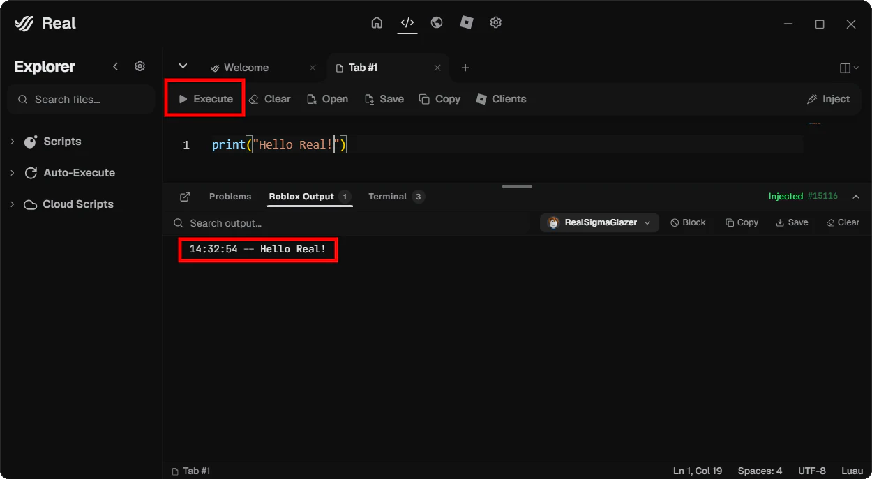 Editor Tab mit Execute und einem Testprint im Roblox Output.